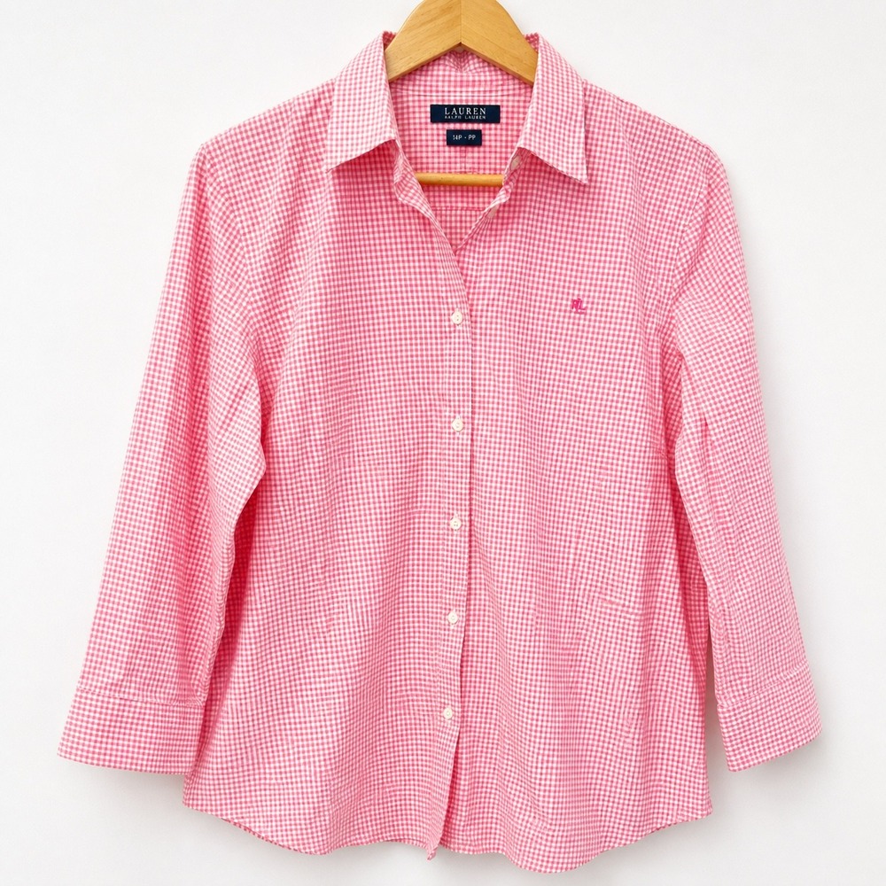 Lauren Ralph Lauren Pink Gingham Non-Iron Cotton 3/4 Sleeve Shirt Womens 1X Logo